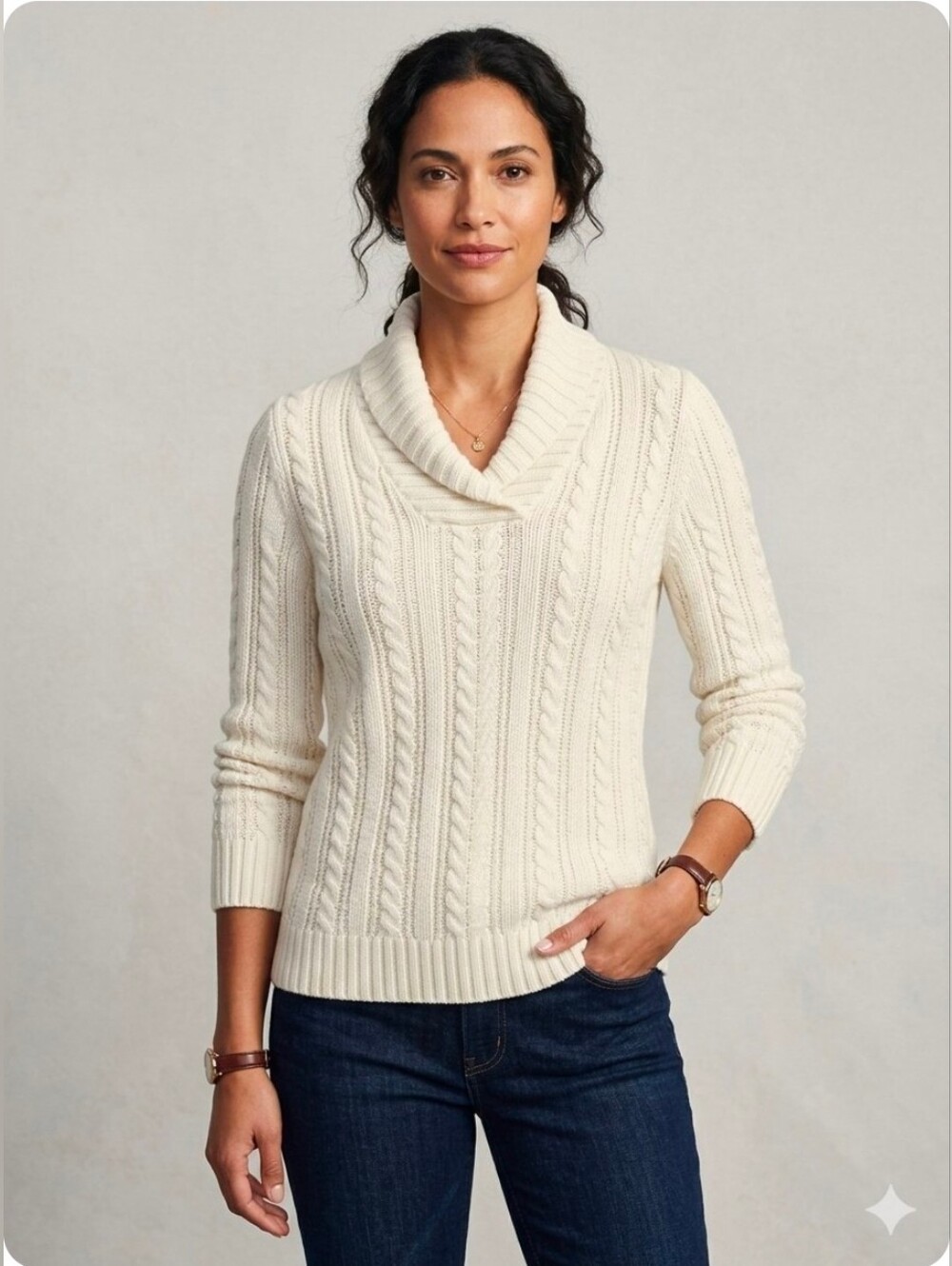Lands' End Cream Cable Knit Alpaca Wool Blend Cowl Neck Sweater XL Petite